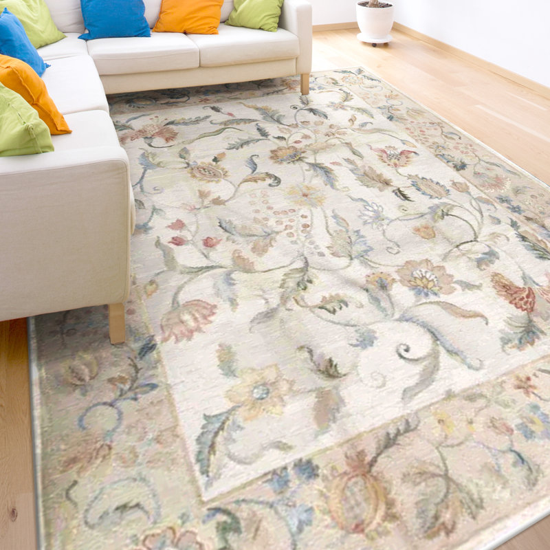 Tapis rectangulaire en laine noué à la main gris clair / bleu / rose, Rectangle 3 pi x 5 pi