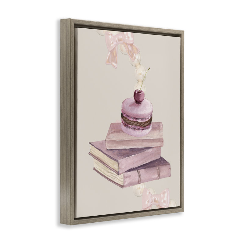Cerise Macaron sur cadre flottant pile de livres, design par Jesse Keith, Cadre flottant orme Montalcino, H 31 po x l 25 po