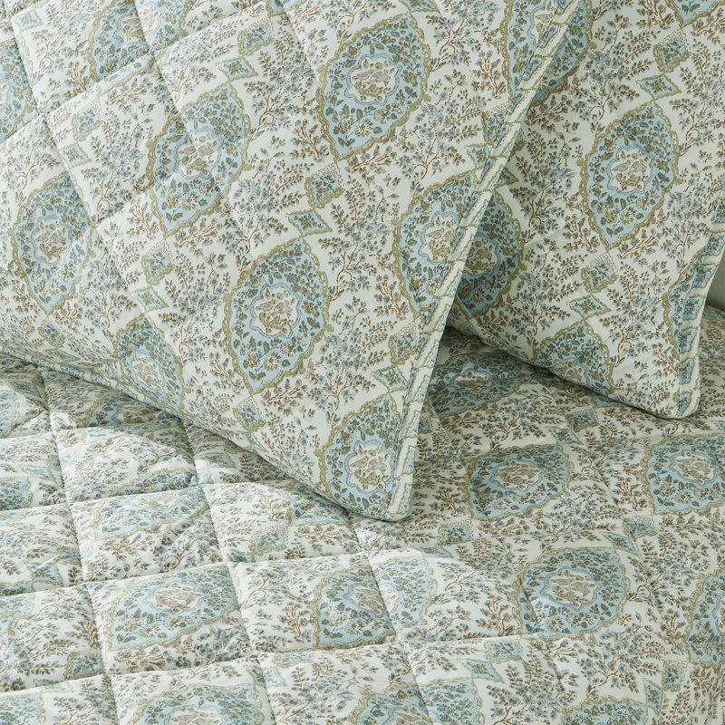 Blue Taupe Floral Reversible Twin Quilt Set with Shams