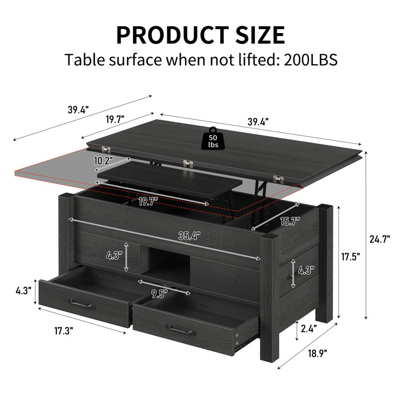 Table basse à plateau relevable, table basse convertible multifonctionnelle de 39,4 po avec 4 tiroirs de rangement et compartiment caché, table centrale en bois pour le salon, la salle à manger, le bureau personnel, noir