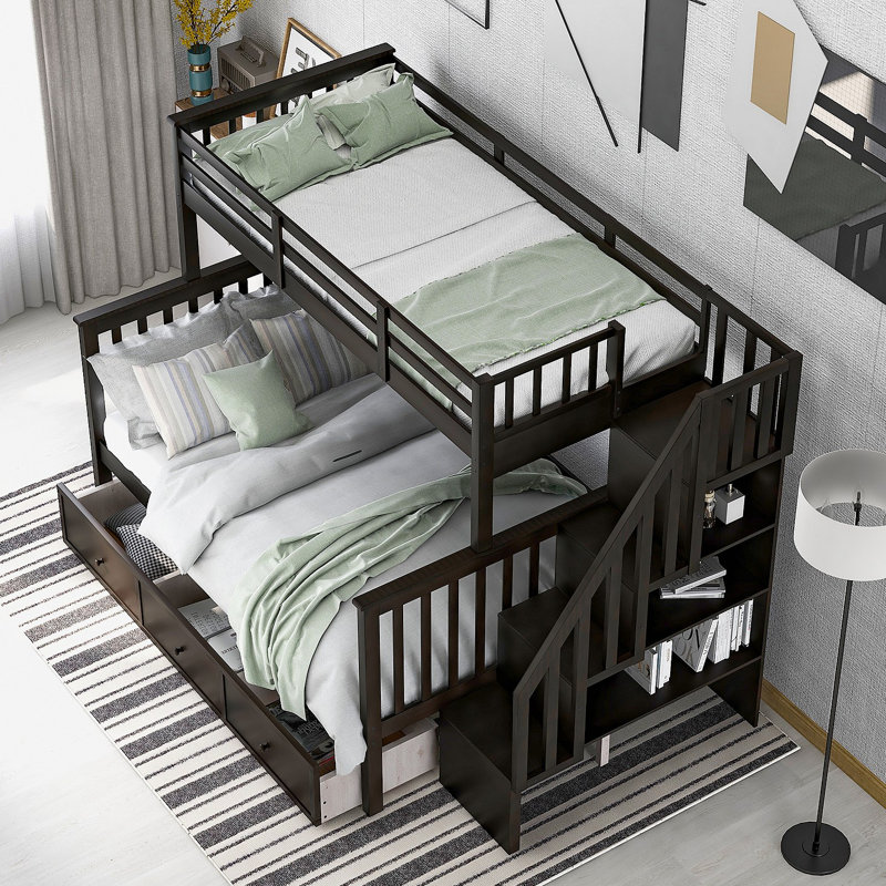 Lit superposé avec tiroir, rangement et garde-corps pour chambre à coucher, dortoir, Espresso