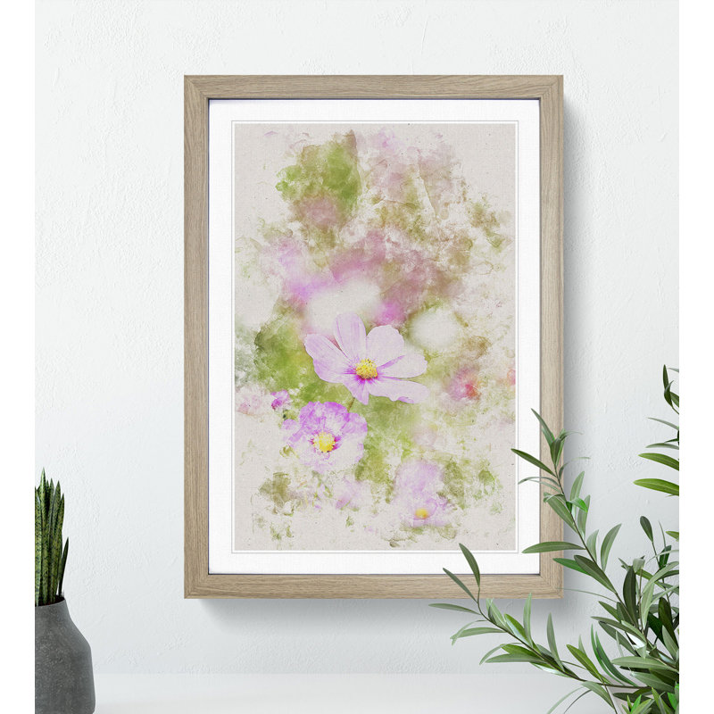 Spring Purple Flowers Watercolour - Picture Frame Graphic Art, 90cm H x 65cm W x 2cm D, Oak
