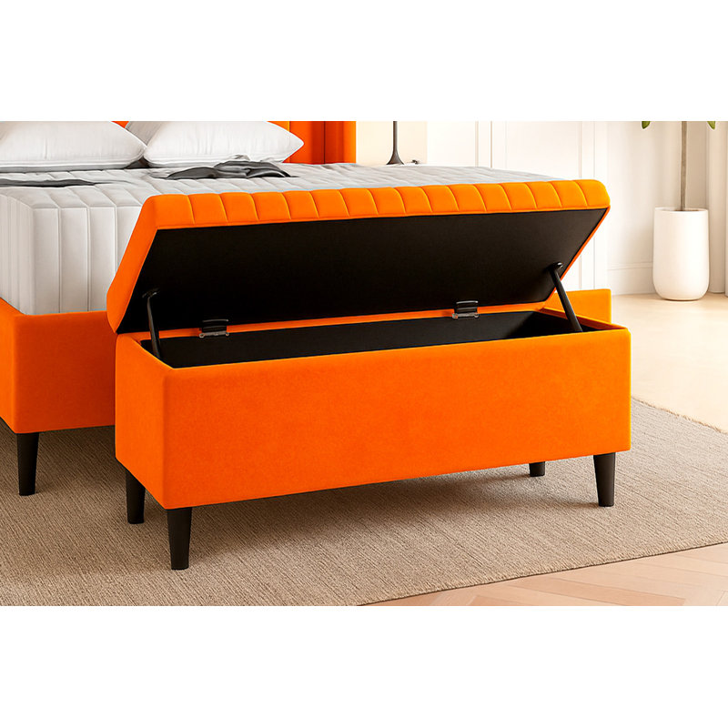 Plush Velvet Lined Upholstered Ottoman Storage Box with Wooden Legs, Burnt Orange, 45cm H X 150cm W X 40cm D