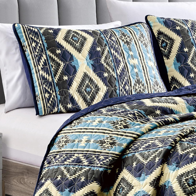 Queen Size Blue and Beige Reversible Polyester Quilt Set
