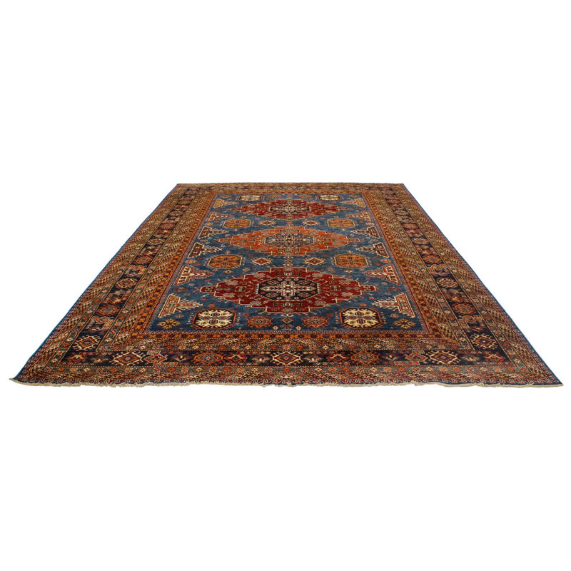 Tapis tribal Kazak 9 x 13 bleu clair et bleu marine