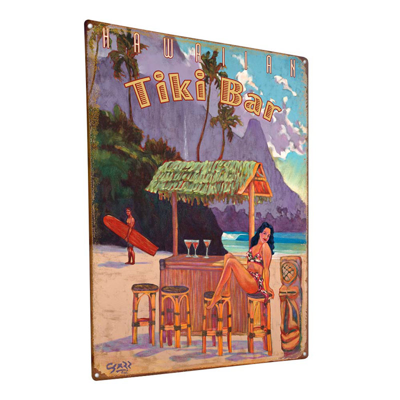 Bar Tiki hawaïen rétro sur impression métallique, H 11,5 po x l 8,5 po x P 0,04 po