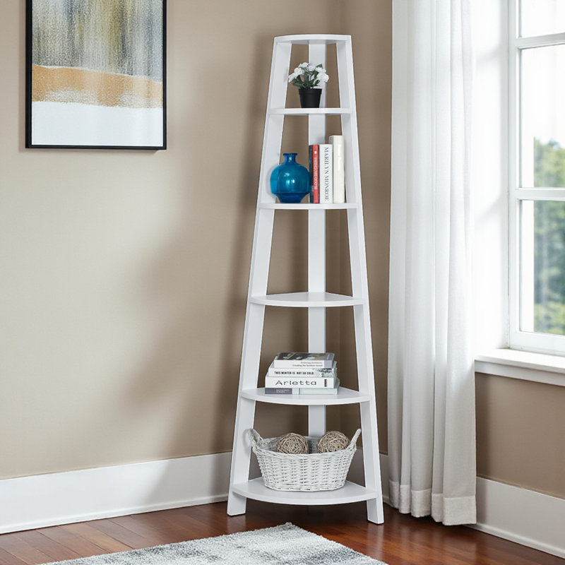 Diara Corner Bookshelf wit 5 Open Shelves in White Finish, 71.13" H X 22.38" W X 15.3" D
