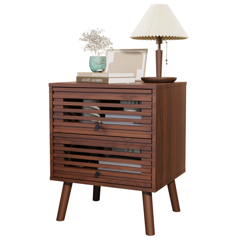Nightstand, Side Table, End Table, Mid Century Modern Nightstand With Hollowed Drawers, Bedside Tables, Small Nightstands With Storage For Bedroom, Walnut