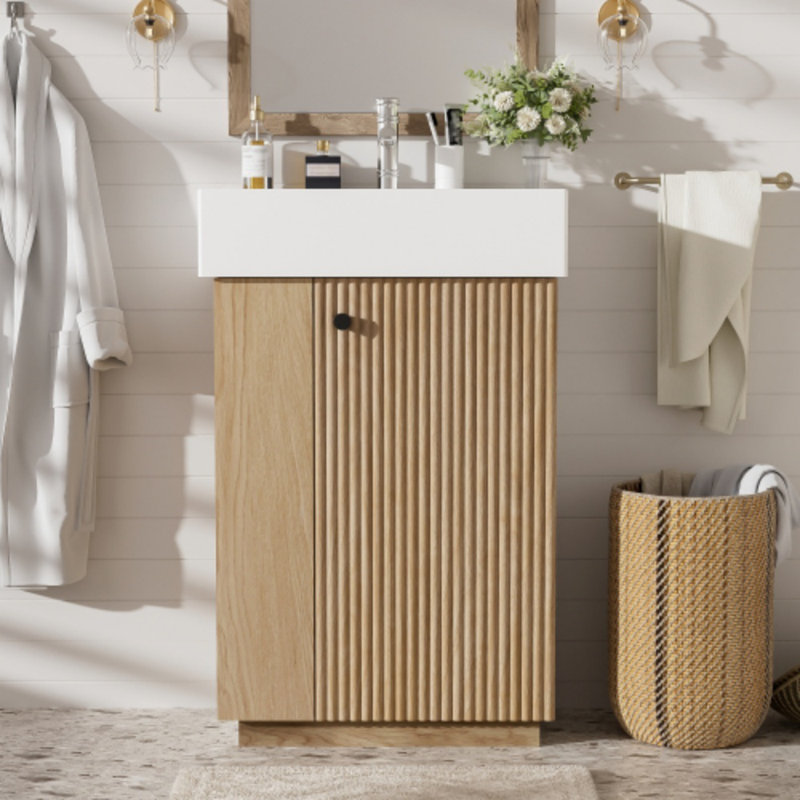 Meuble-lavabo de 22 po à porte droite avec lavabo en céramique - grain de bois, rangement ouvert et fermé