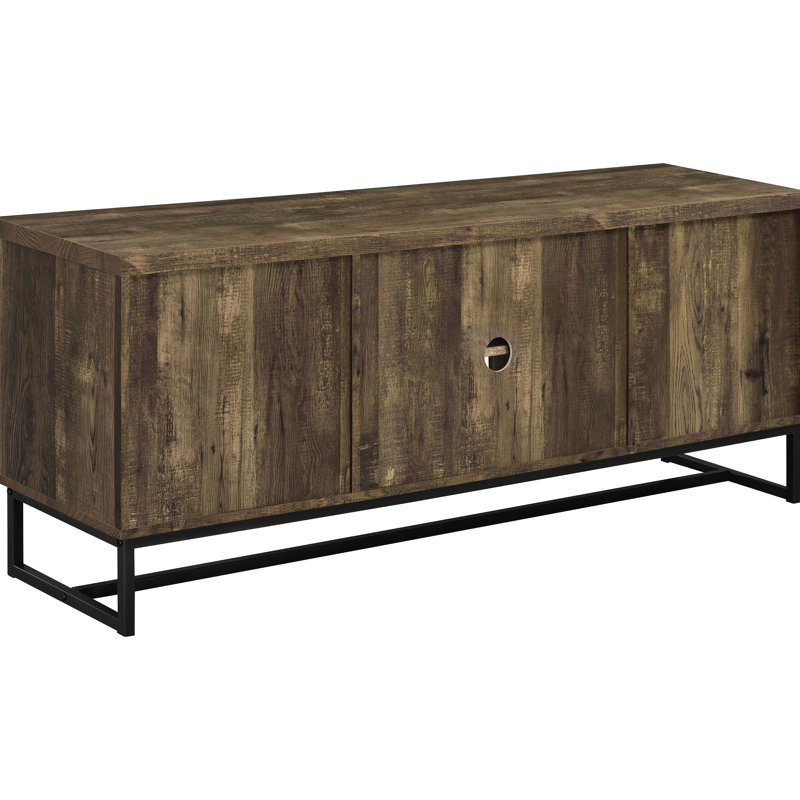 Console de télévision en chêne rustique avec portes à chevrons, rangement réglable et base industrielle en métal, finition, tablettes de rangement