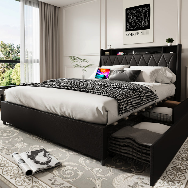 Structure de lit double avec tête de lit, rangement et métal insonorisé, noir, sans sommier tapissier, rangement et prises de tête de lit ergonomiques pour la chambre à coucher, silencieux, à ressort, chambre à coucher, noir