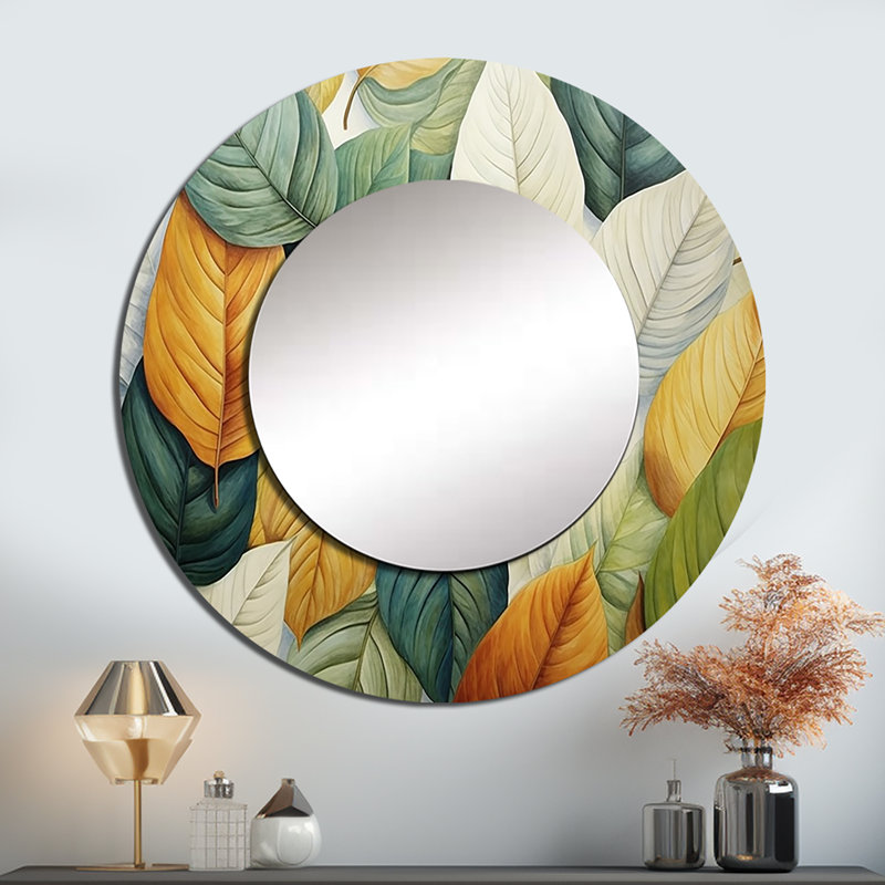 Ritvik vert et feuilles jaunes tranquillité II - miroir mural feuilles, miroir décoratif rond vert, impression d'art en métal