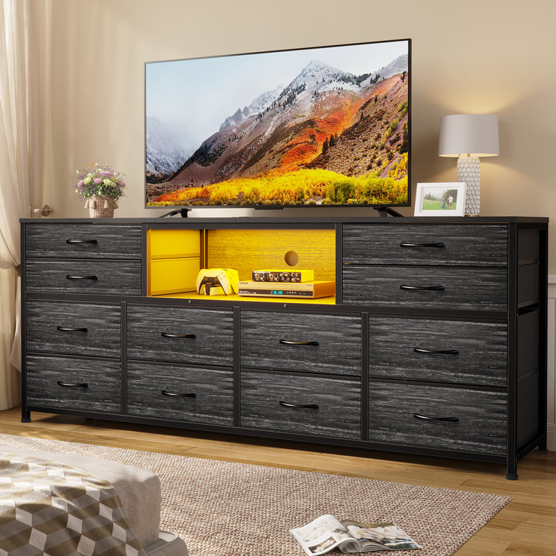 63" W 12 Drawer Dresser For Bedroom, Long Dressers Tv Stand Media Console With Led Lights & Power Outlets, Gray