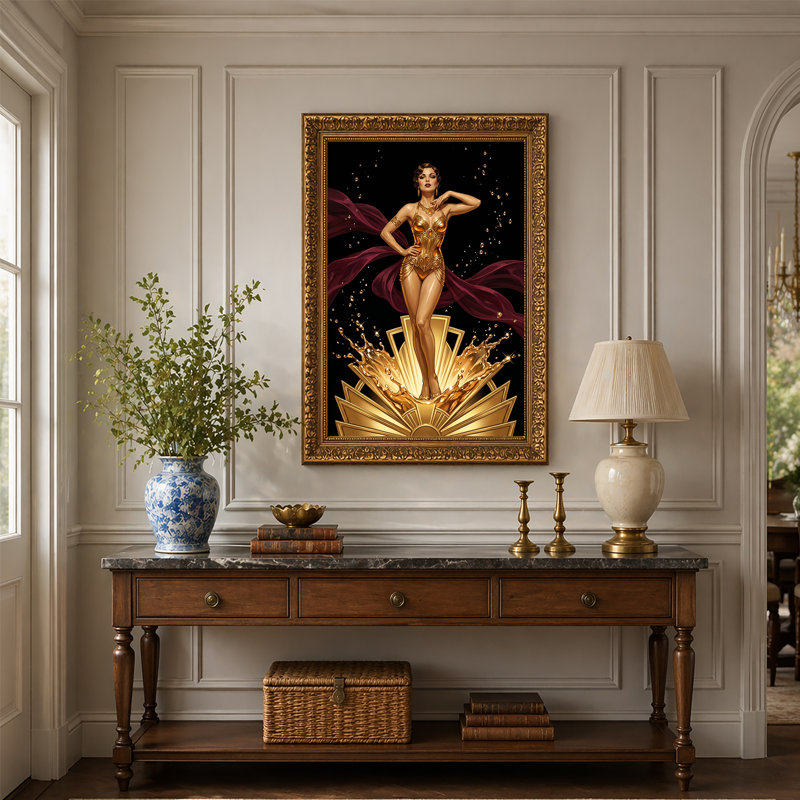 Art sur toile, "Femme en or", art déco avec cape marron, H 24 po x l 16 po