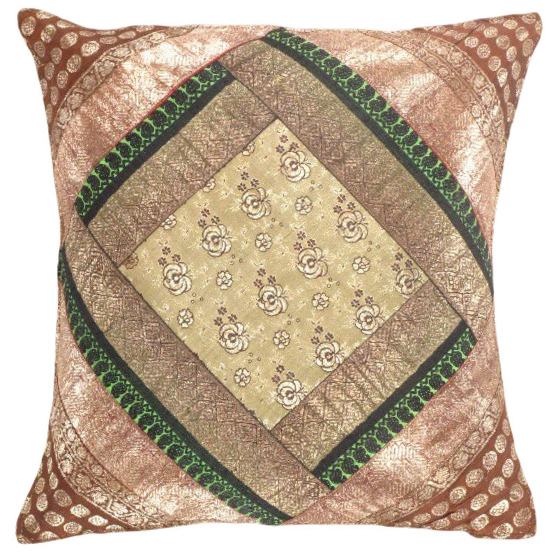 Taie d'oreiller carrée en soie rétro 16 "Sari, Beige Patchwork