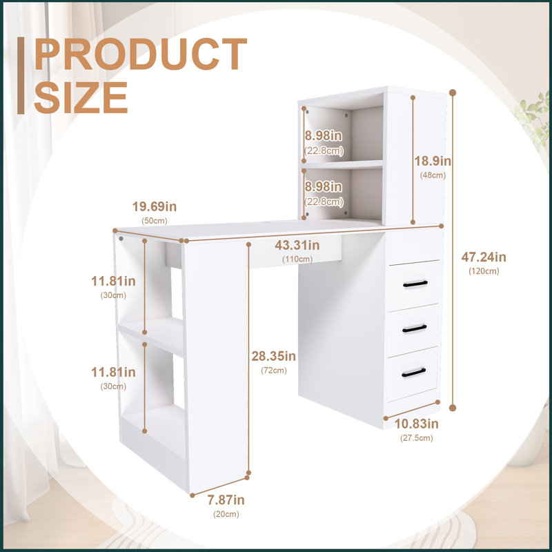Computer Desk, Modern Office Desk With 3 Drawers, 4 Open Storage Shelves And 4-in-1 Power Outlets, Study Writing Desk, Home Office Desk With Hutch For Study