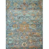 Hand Knotted Wool Abstract Area Rug in Blue/Orange/Gray