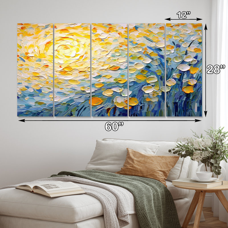 Blossoming Summer Buttercups Flower Field - Fleurs, art mural, salon - 5 panneaux égaux