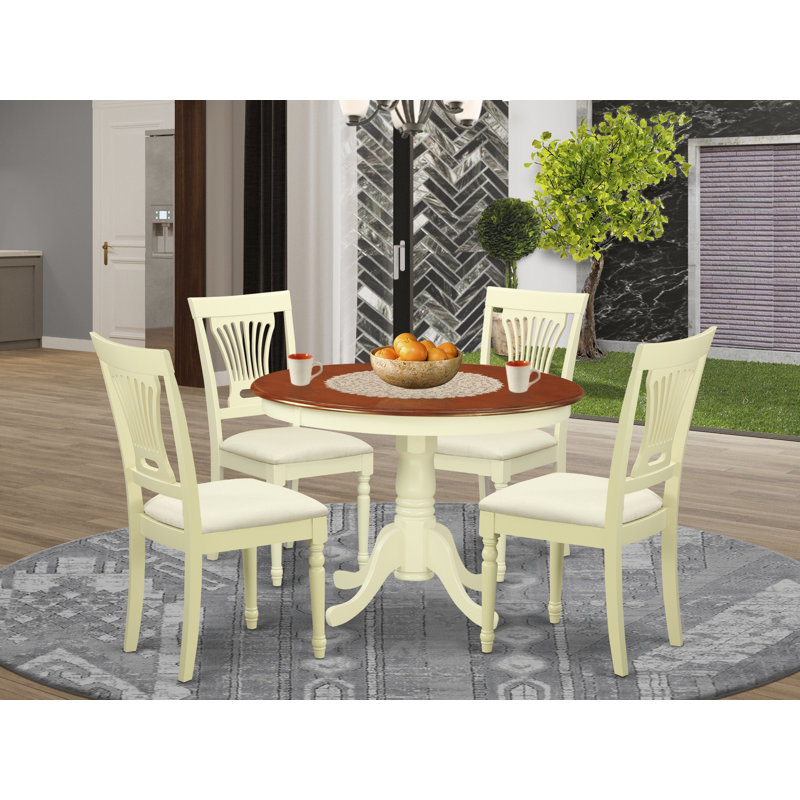 Ensemble de table de salle à manger moderne 5 pièces comprenant une table ronde en bois avec piédestal et 4 chaises de cuisine en tissu de lin, babeurre et cerise