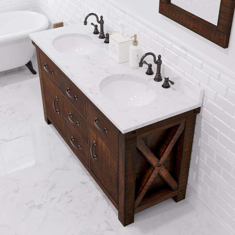 Aberdeen 60 In. Double Sink Blue Limestone Countertop Vanity In Rustic Sierra With Mirrors, Carrara White, Rostic Sienna