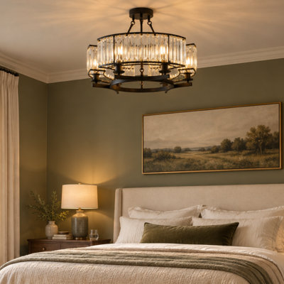 Lustre à 6 lumières en fer noir et cristal avec option de montage semi-encastré