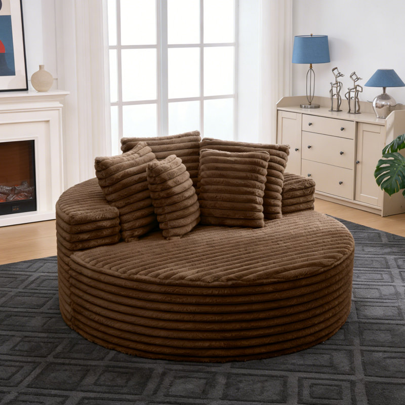 54.3" Pink Corduroy Round Chaise Lounge, No Assembly, Deep Seat Cloud Design, Brown
