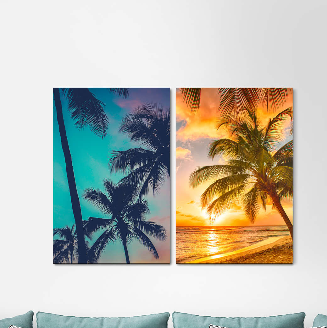 2-tlg. Leinwandbilder-Set - Grafikdruck „Palm Trees Dream Beach Caribbean Paradise Holiday Relaxing Summer”