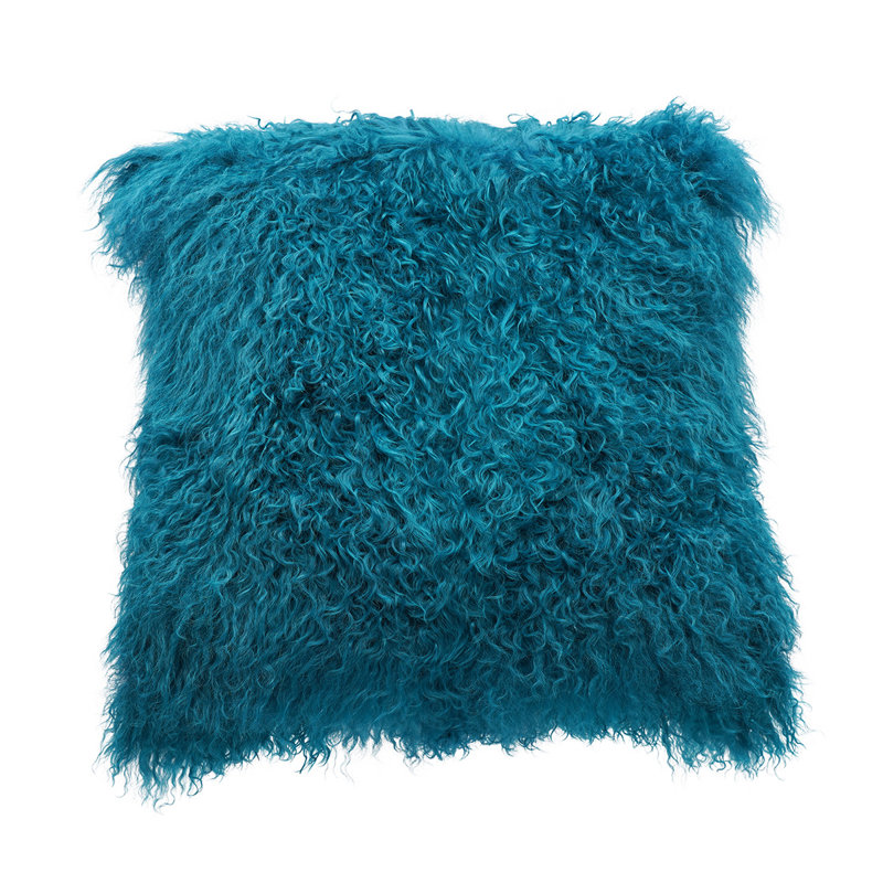 Tibetan Lamb Fur Throw Pillow, 16" x 16", Solid Color, Turquoise