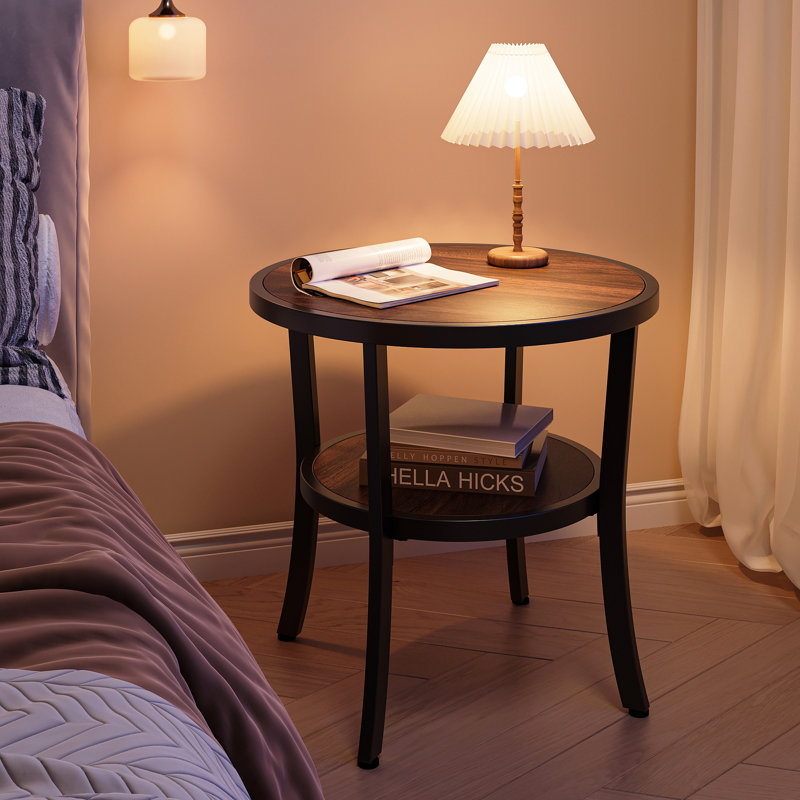 23.6” Rustic Industrial Round Side Table With 2-Tier Storage Shelf And Curved Metal Legs