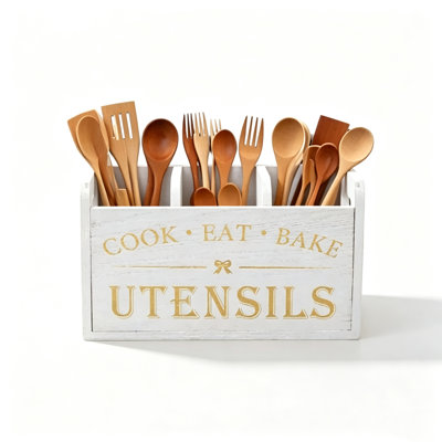 Hot‑Stamped Printed Wooden Utensil Caddy （Distressed White）