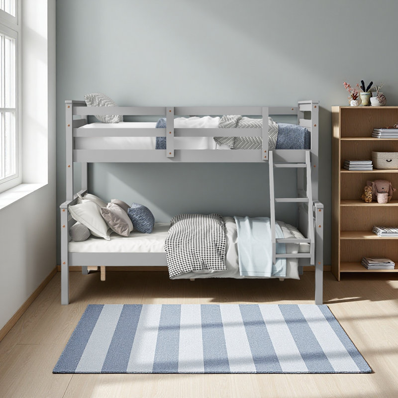 Lit simple superposé au-dessus d'un lit double avec échelle, barrière de sécurité, pour chambre à coucher, Gris