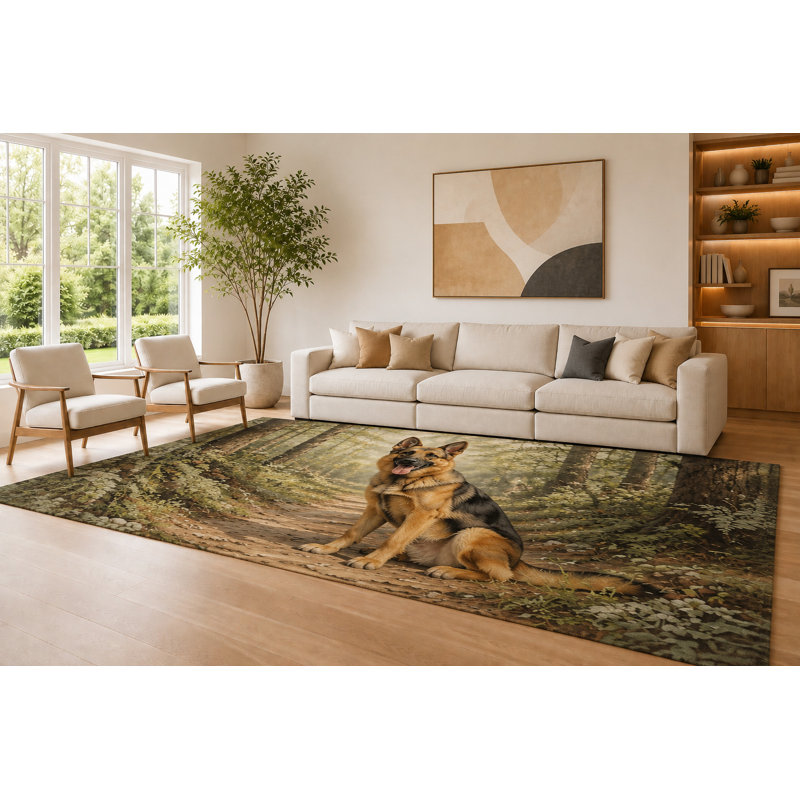 Grand tapis de berger allemand brun et vert 6 pi 7 po x 9 pi 10 po «Ultra Light Poids» pour le salon, tapis doux à poils courts avec envers en silicone antidérapant, décor pour la chambre à coucher et le bureau personnel