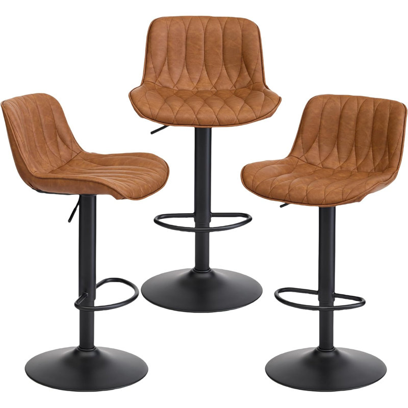 Adjustable Swivel 24"-33" Height Rhombus Leather Bar Stools with Back for Kitchen Island, 3, Brown