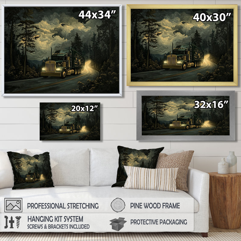 Camions, autoroute majestueuse, impression d'art mural camion, H 16 po x l 32 po, Single Picture Framed Print without Mat