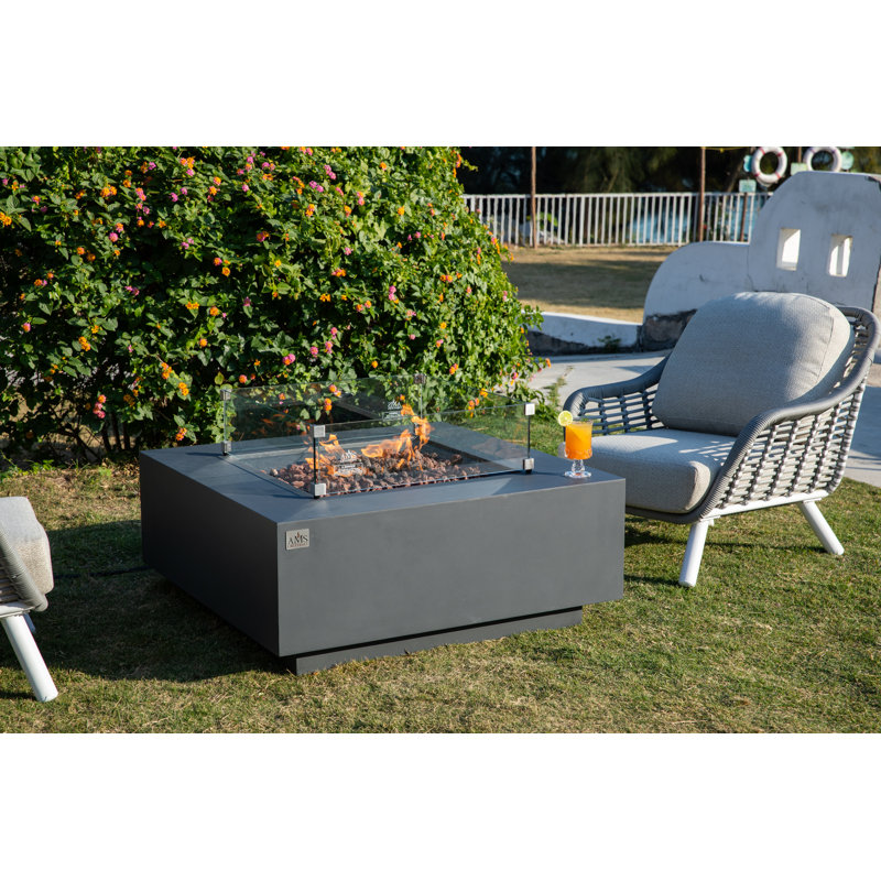 Brooklyn 40" Square Concrete Fire Pit with Wind Guard, Burner Lid, and Propane Tank Cover, Dark Gray