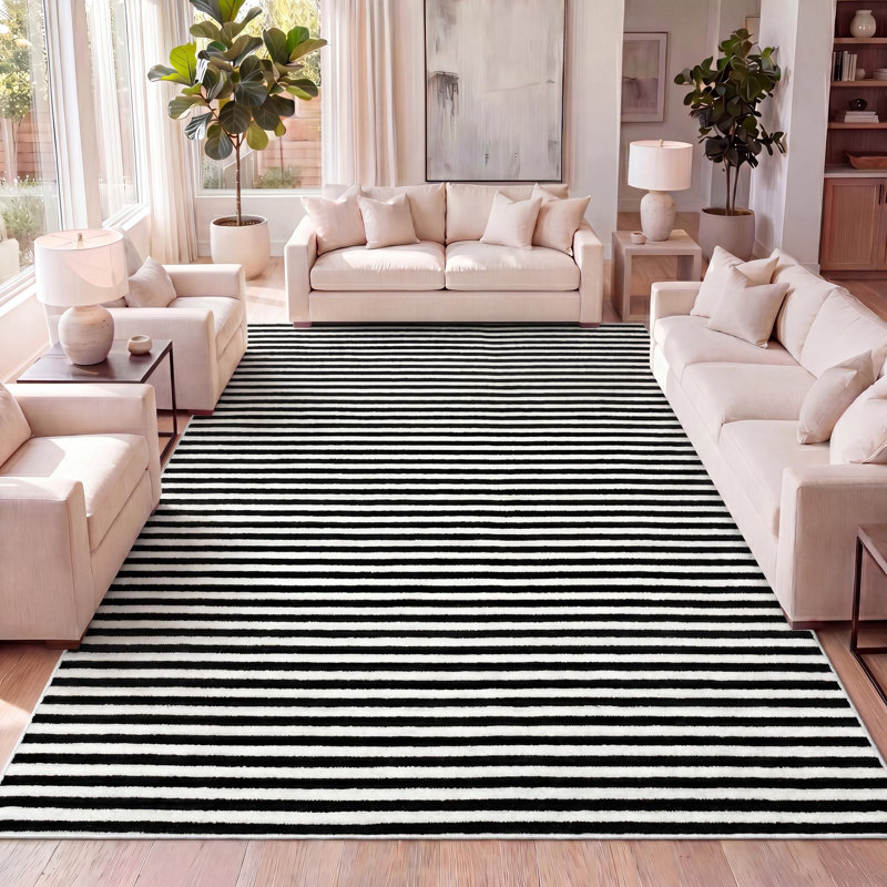 Tapis rayé noir / blanc Aarhus, Rectangle 2 pi 11 po x 5 pi