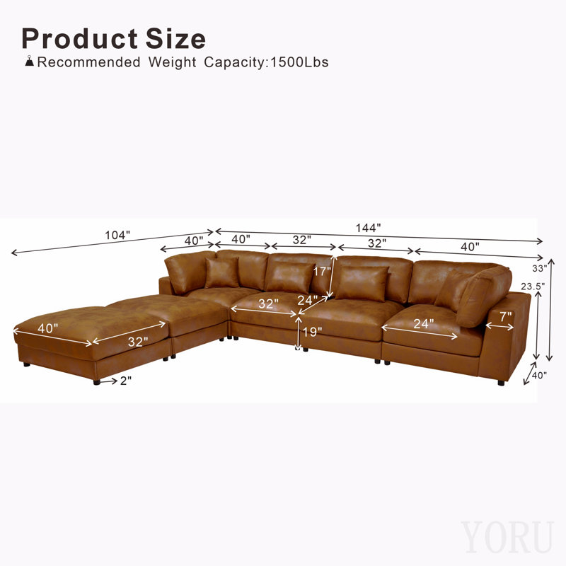 Canapé modulaire en similicuir, 33" H x 144" W x 72" D