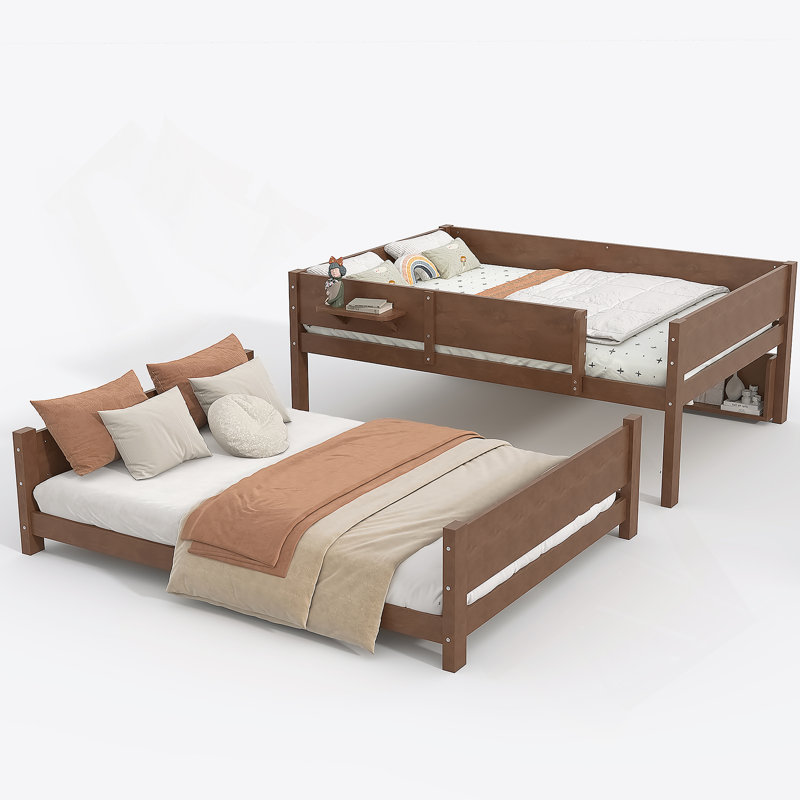 Lit superposé grand sur grand avec plateau pratique, lit superposé en bois massif avec tablettes de rangement et lattes améliorées, brun rétro