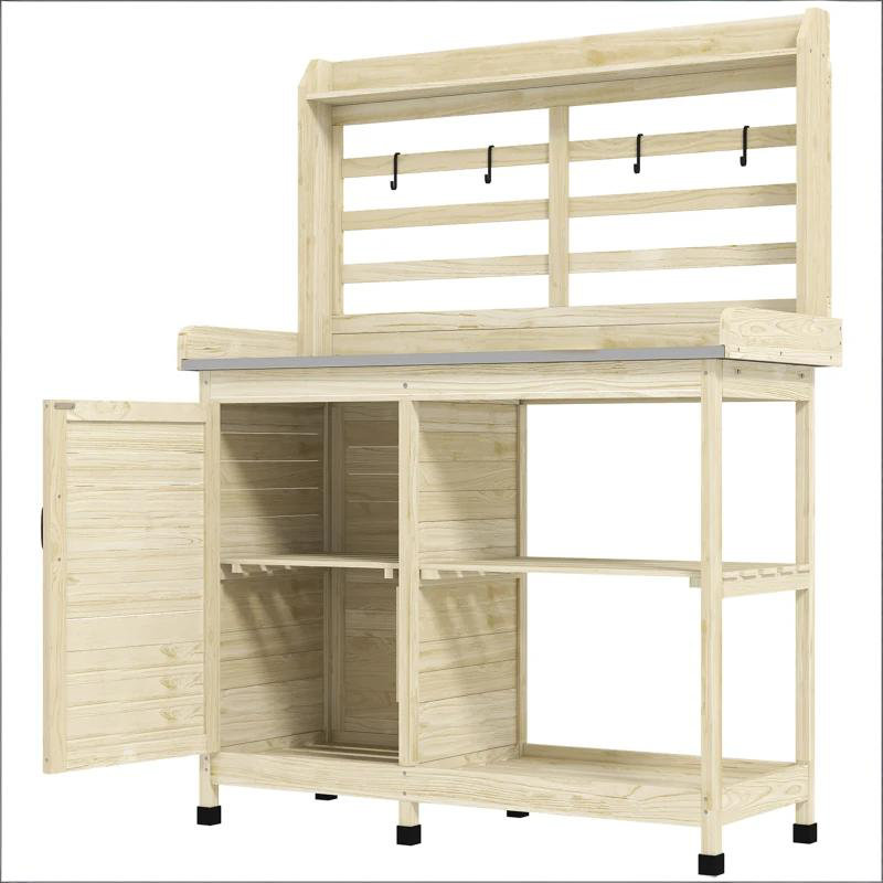  Banc d'extérieur en bois de sapin avec évier et armoire de rangement, Beige