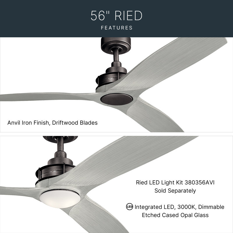 56" Ried 3-Blade Anvil Iron Damp Rated Ceiling Fan with Driftwood Blades and Wall Control, Anvil Iron
