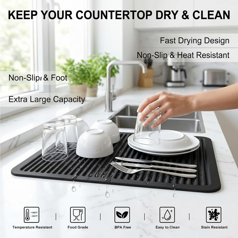 Très grand sous-pied en silicone, coussinets chauffants pour la cuisine - Coussinets chauffants résistants à la chaleur pour comptoir de cuisine à 446 ° F, 2 poignées pour la cuisine, noir