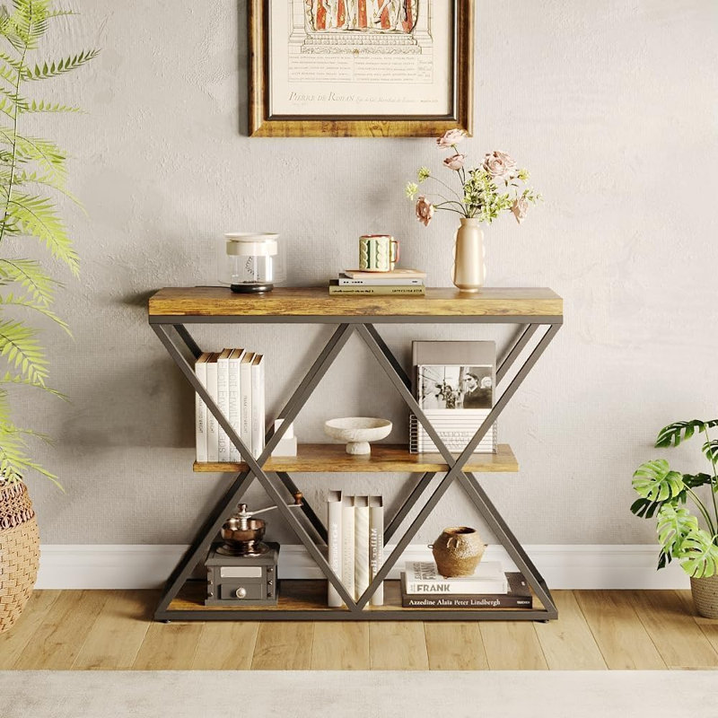 3-Tier Console Table, Wood and Metal Construction, Narrow Design with Open Storage Shelves, Industrial Style for Entryway, Hallway, Living Room or Behind Sofa