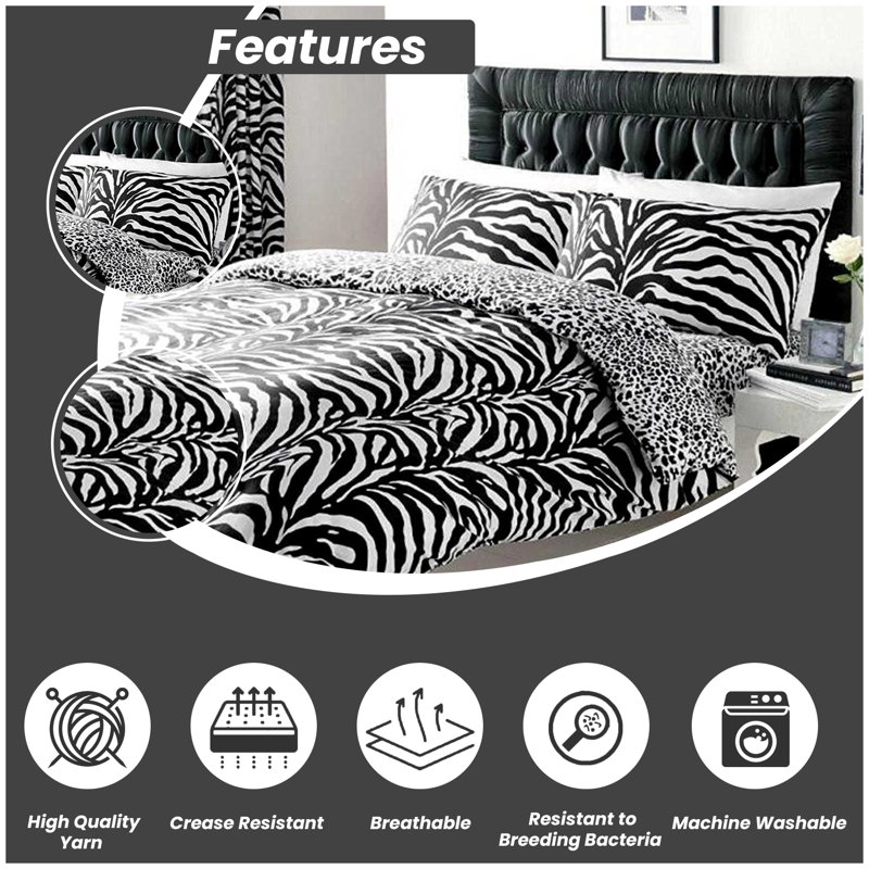 Safari Animal Print Reversible Duvet Cover Set - Soft Polycotton Bedding with Pillowcases Zebra & Leopard Design, Double