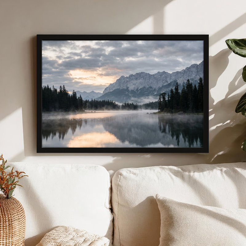 Toile noire encadrée en bois noir pour salon, chambre à coucher, bureau ou vestibule - décoration murale décorative avec lac de montagne