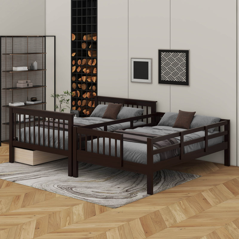 3 Drawers Wood Standard Bunk Bed, Espresso, Full Over Full