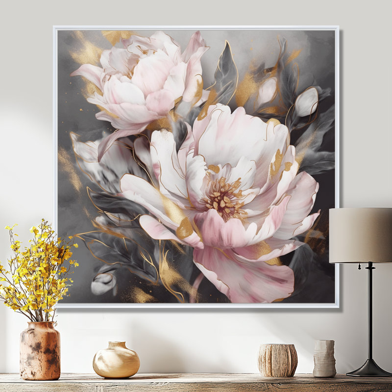 Pink Grey Peonies Elegance II - Print, 16" H x 16" W, Floater Framed, White