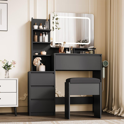 Modern LED Vanity Desk for Bedroom, 3-Light Modes, 4 Drawers, Charging Hub & Stool – 36-Inch Makeup Table by Wrought Studio