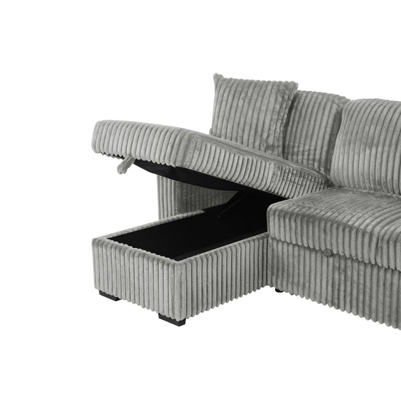 Plush Sectional Sofa W/ Pull Out Sleeper Made With Velvet Fabric- Gray, Gray Velvet