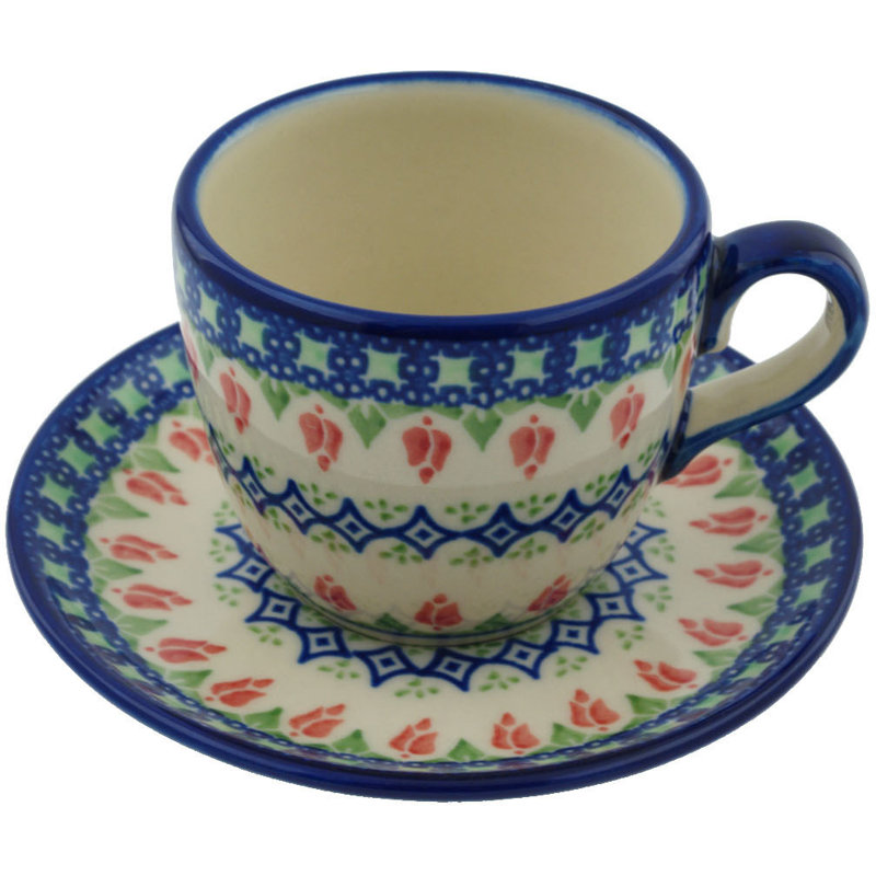 Polish Pottery Tulips and Diamonds Coffee Mug with Saucer