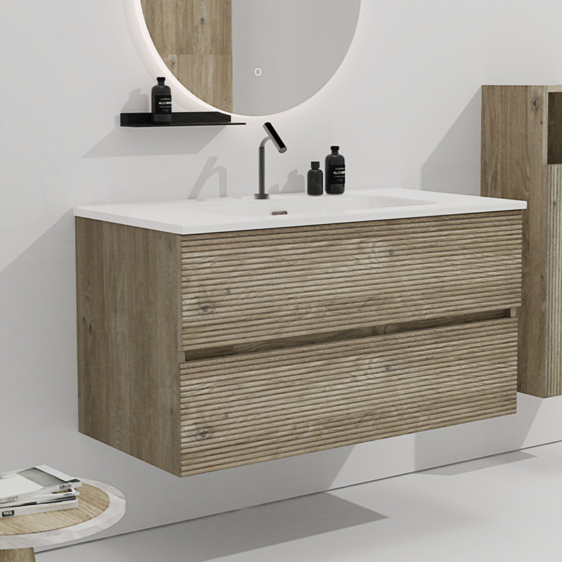 Meuble-lavabo mural avec lavabo en céramique intégré et meuble-lavabo flottant, 36"